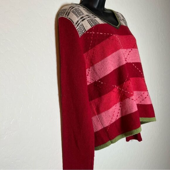 Y2K 90s Sweater Plaid Stripe Wool pink Contrast Boxy Oversized V Neck Express L - Picture 3 of 15